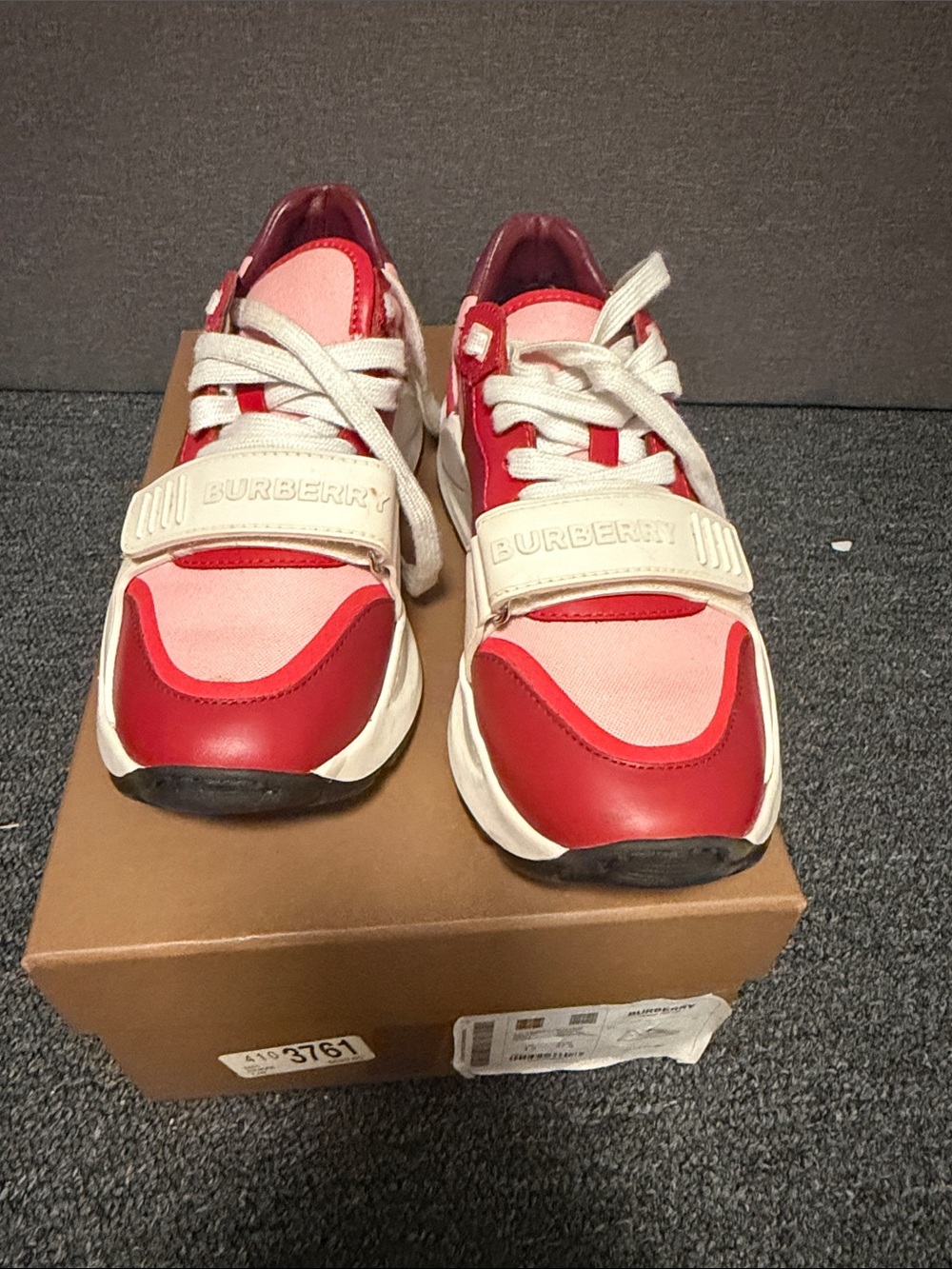 Burberry Kids Red and Pink Leather-Trim Sneakers